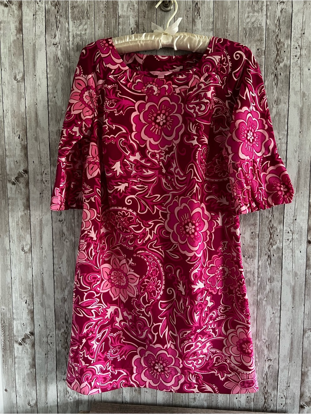 Lilly Pulitzer Fuchsia & Light Pink Floral Paisley Silk 1/2 Sleeve Dress Size 6